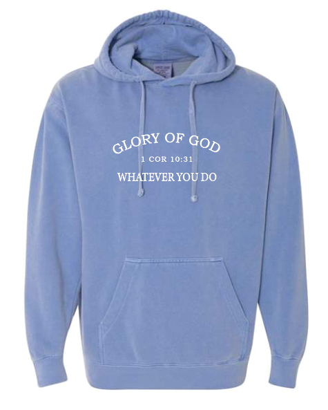 Glory of God Design Comfort Colors Hooded Sweatshirt (flo blue)