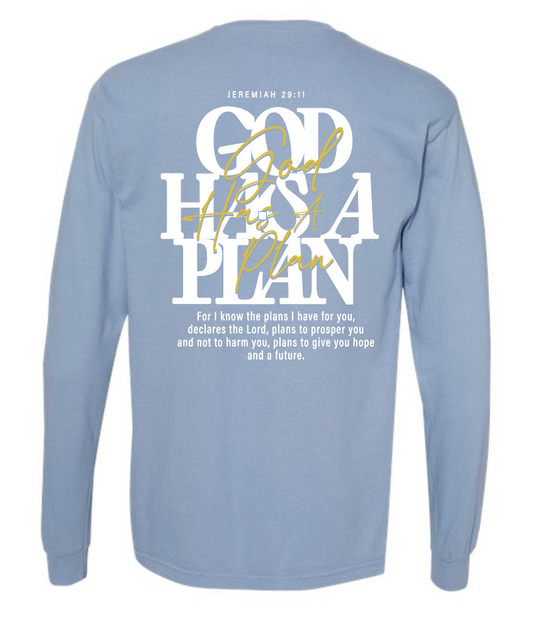 God Has a Plan: Comfort Colors L/S T-shirt (washed denim)