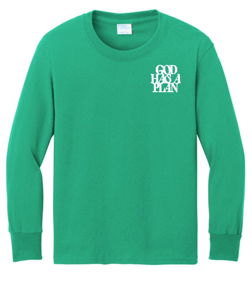 God Has a Plan: Basic L/S T-shirt (youth)(kelly)