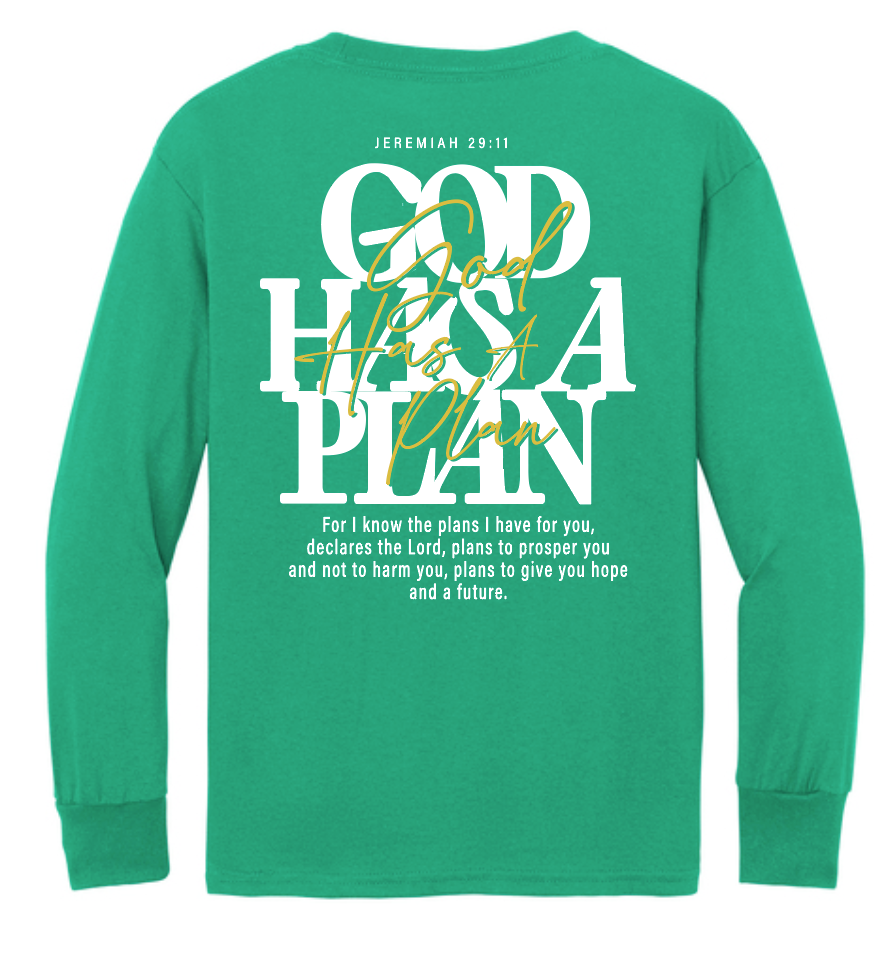 God Has a Plan: Basic L/S T-shirt (youth)(kelly)